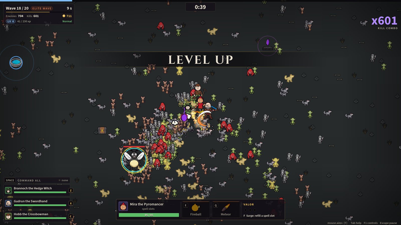 A level-up banner over a crowded field, with a 601 kill combo.