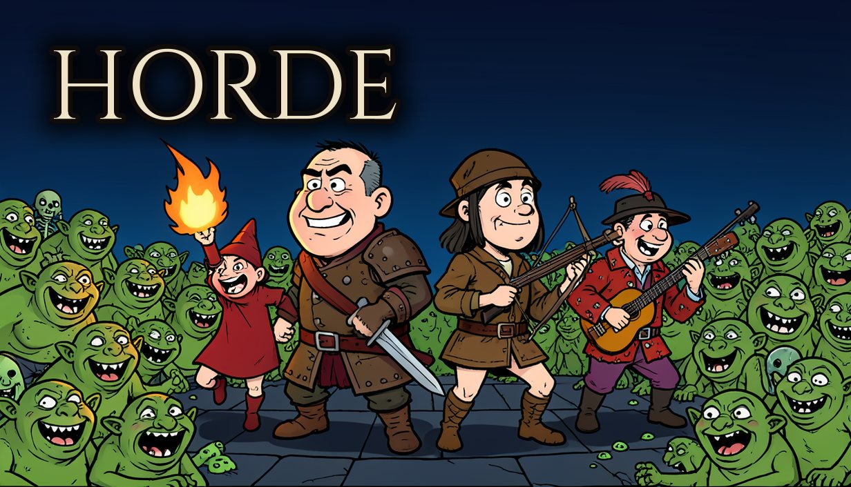 Horde key art: the HORDE title over a fire mage, a swordsman, a crossbow archer and a bard standing back to back in a sea of grinning goblins.