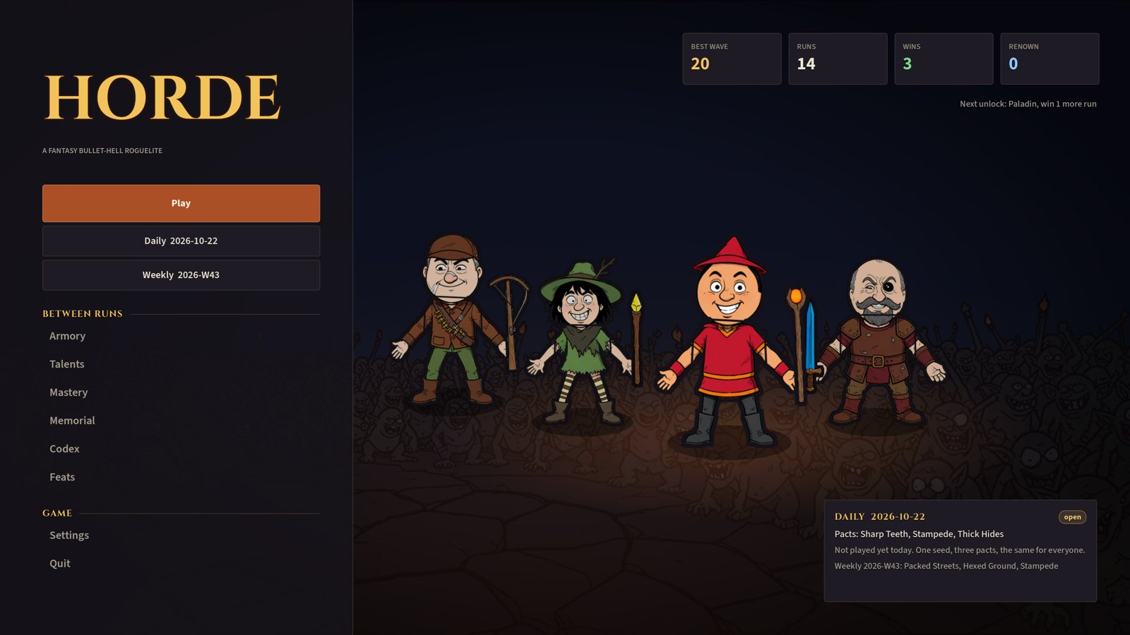 The Horde title screen with Play, Daily and Weekly buttons and today's daily rules in a panel.