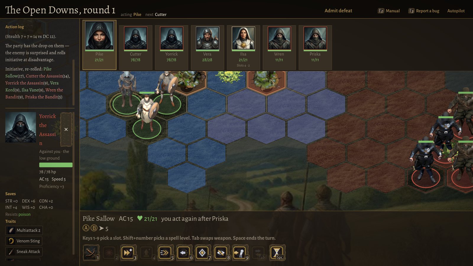 A road fight on the Open Downs: the company faces assassins and bandits on a hex board, with an assassin's stat block open.