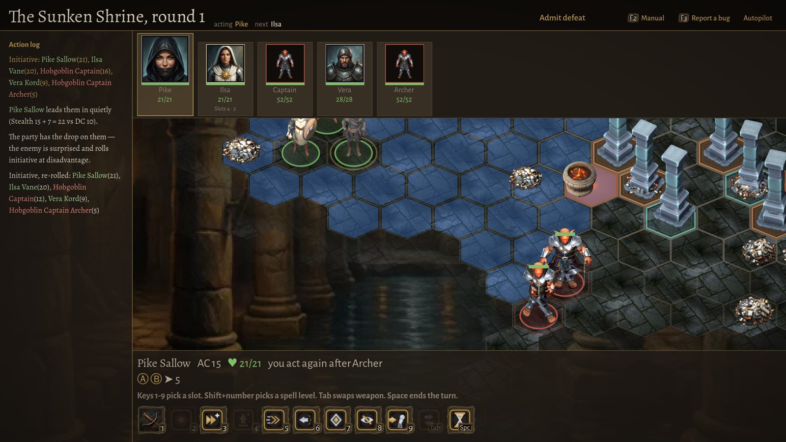 Combat in the Sunken Shrine: the cleric's portrait counts her remaining spell slots, and the spell bar runs along the bottom.