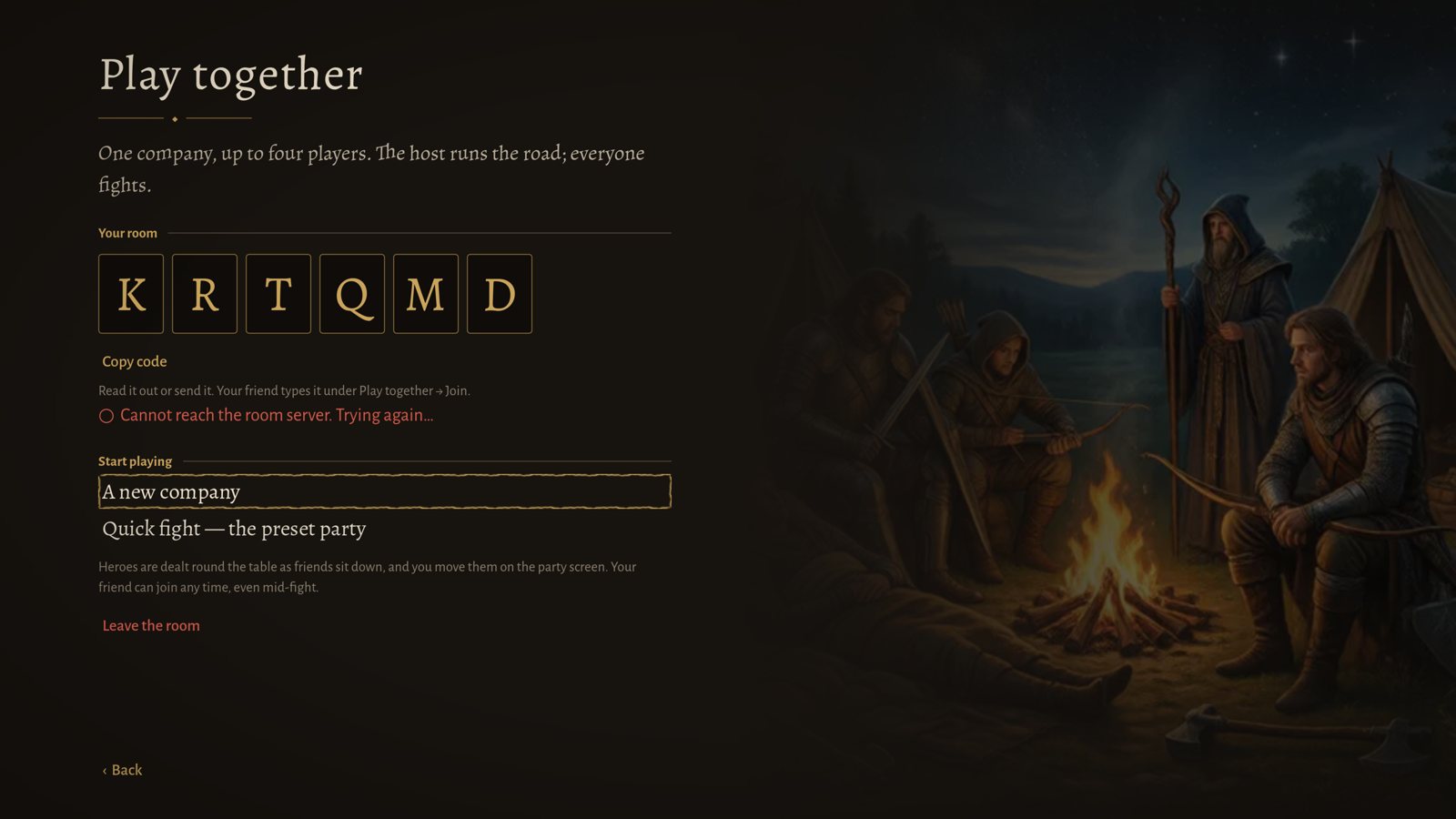 The Play together screen: a six-letter room code and a choice of company, in front of a campfire painting.