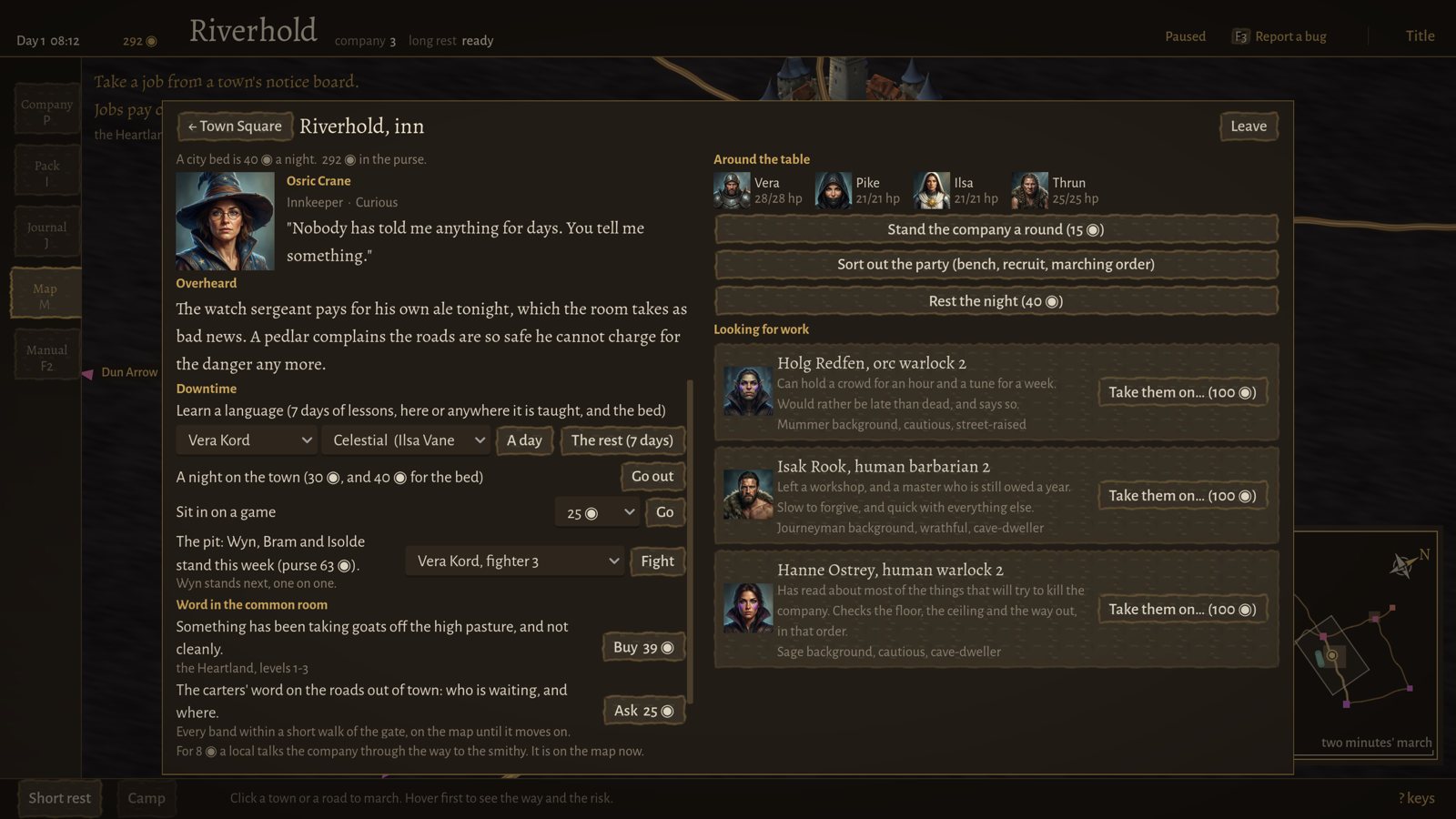 An inn in Riverhold: the innkeeper talks, rumours from the common room, downtime options, and mercenaries looking for work.