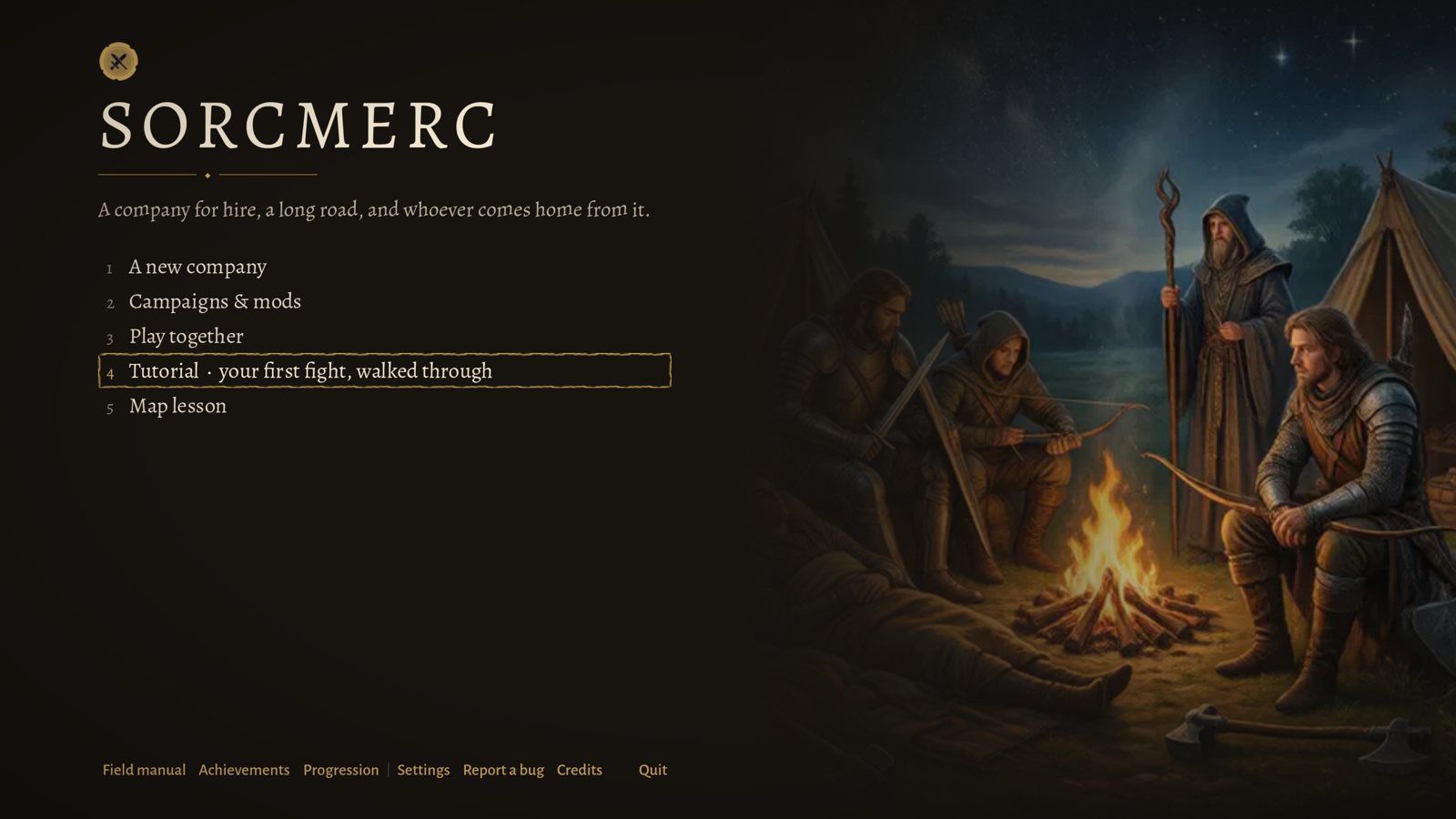 The SorcMerc title screen: the SORCMERC wordmark and menu beside a painting of four adventurers at a campfire at night.